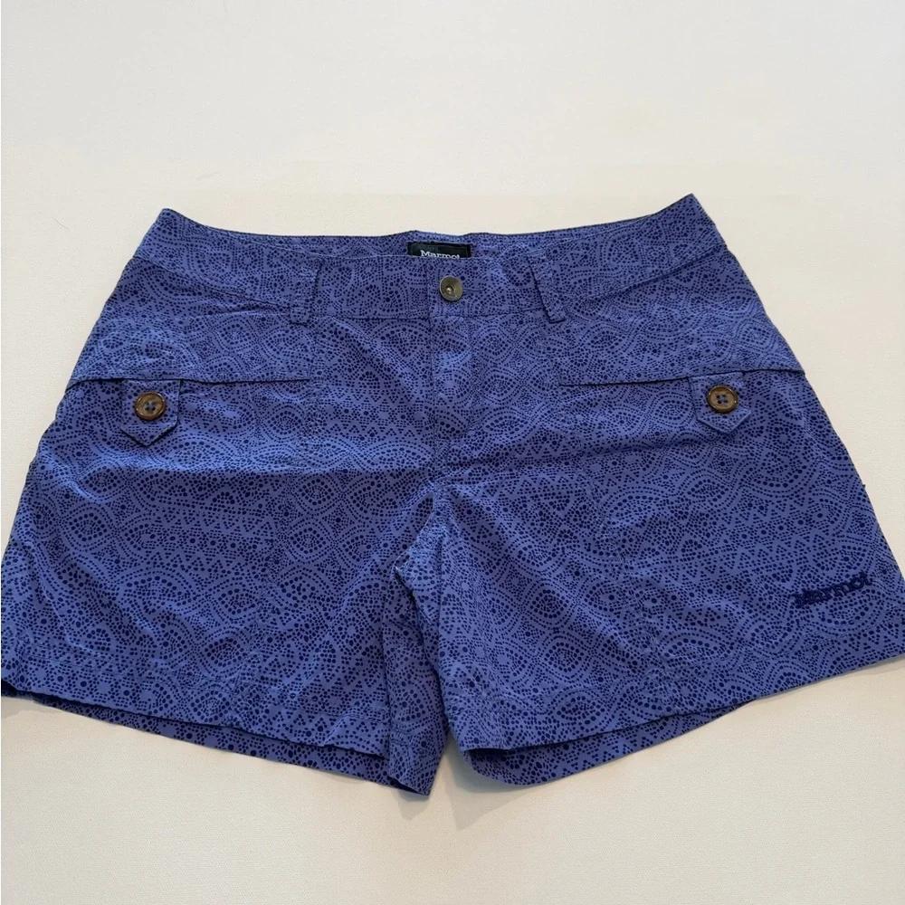 Marmot woman’s blue printed hiking /outdoor shorts lightweight breathable fabric